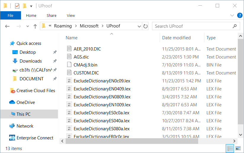Windows Explorer, the contents of your UProof folder (yours will vary)