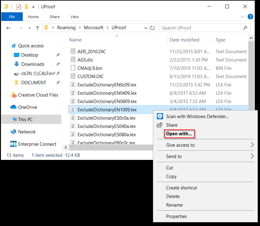 Right-click on the exclusion dictionary file