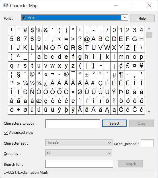 Initial Character Map screen, with advanced view on