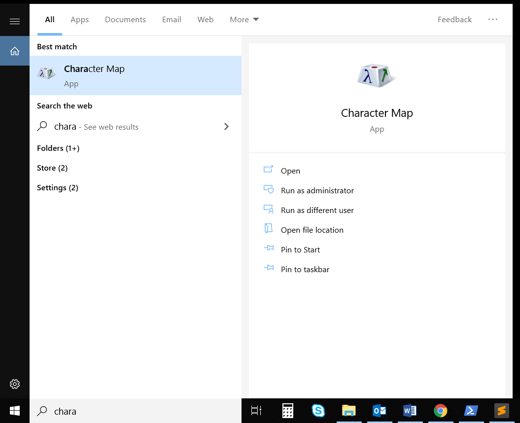 Windows search results for &ldquo;character map&rdquo;