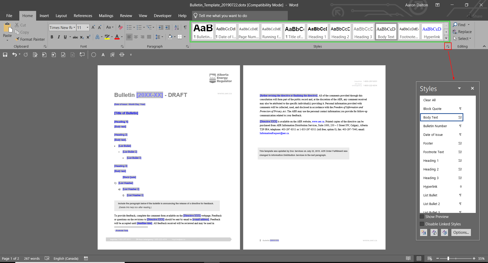Fresh bulletin template with style panel expanded